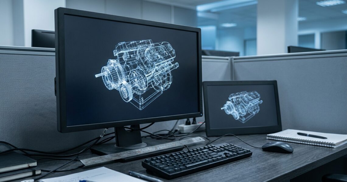 Arbeitsplatz mit CAD-Zeichnung auf einem Monitor